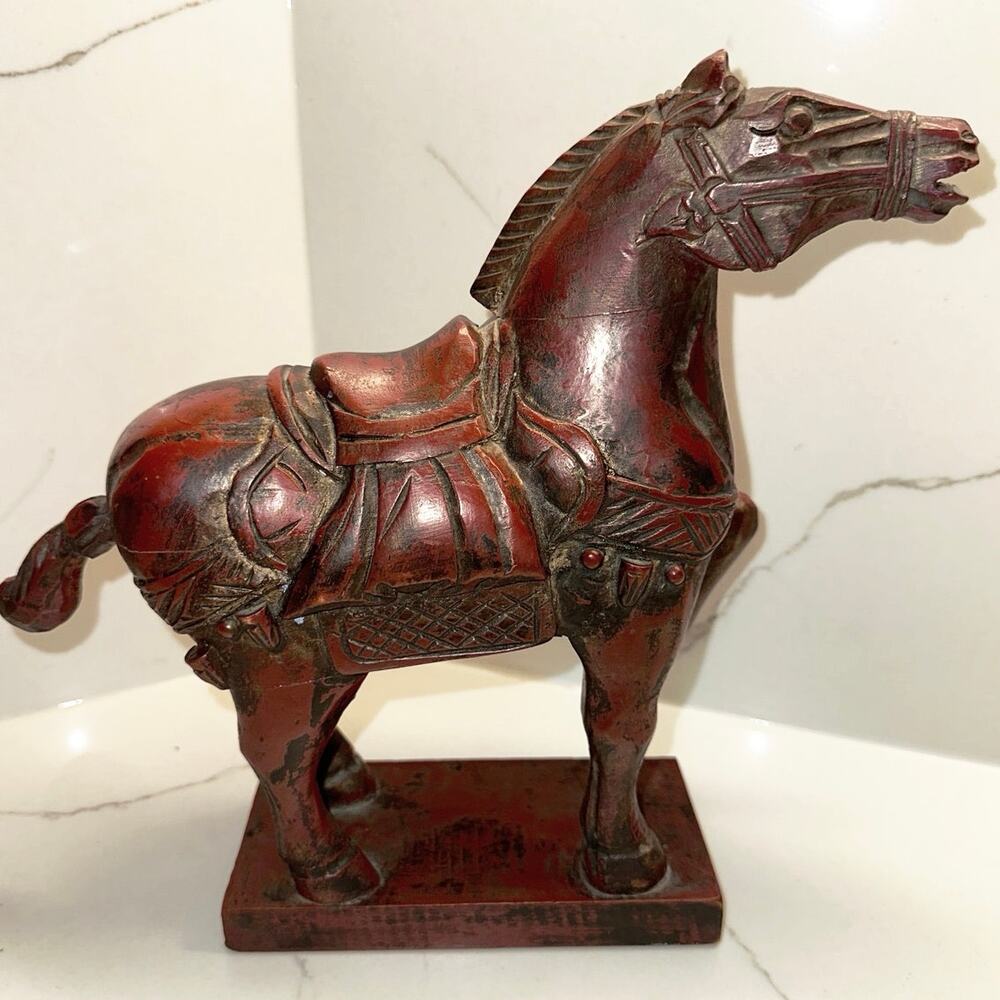 Vintage Hand Carved Wooden Chinese Horse Hand Painted Red and Gold Accents